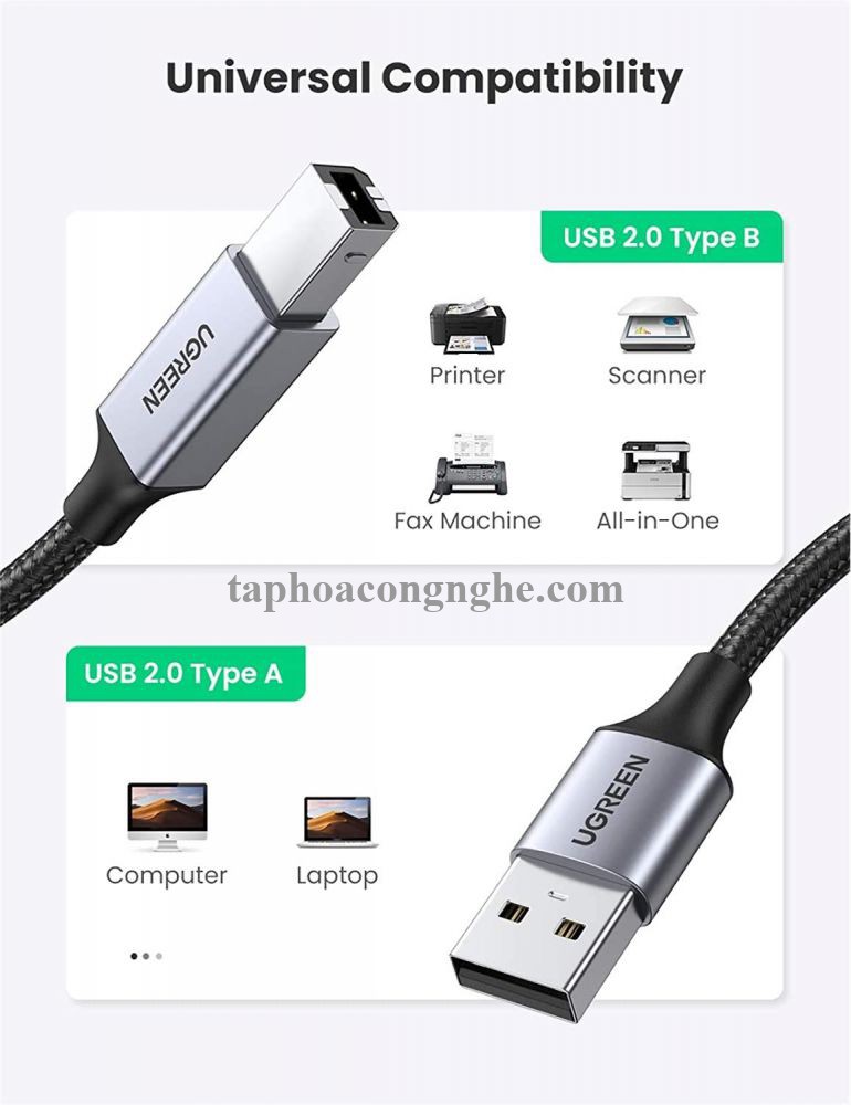Ugreen 80804 3M đầu nhôm dây bọc lưới chống nhiễu cáp máy in màu Đen 2.0 USB A sang B US369 30080804